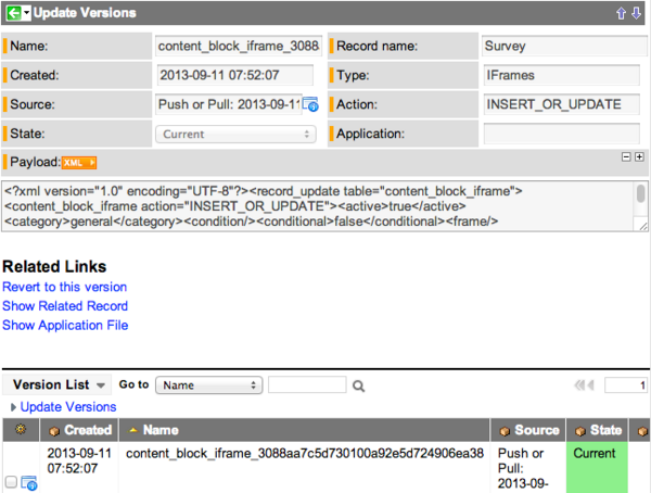 Navigate from a version to either related records or the application file itself.