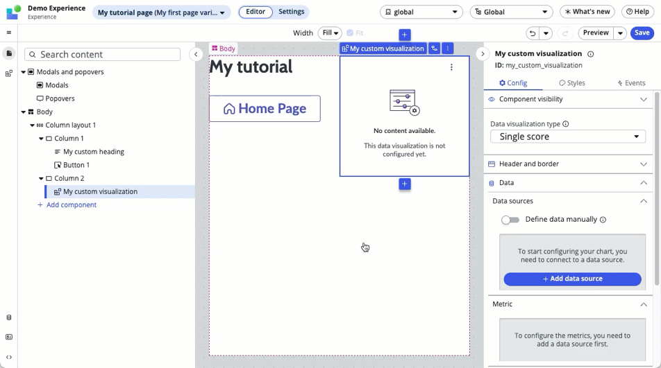 Adding the data source to the data visualization component.