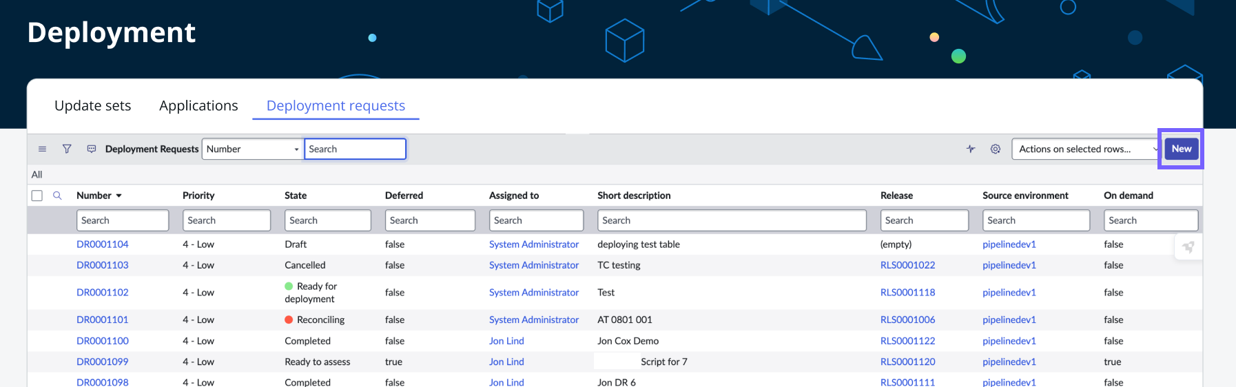 Access, edit, or create deployment requests from the Deployment section on the home page.