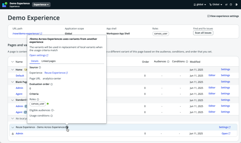 View reusable page details by selecting the page