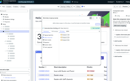 A data binding panel in ServiceNow UI Builder, allowing users to generate and preview formulas or data outputs for page components using natural language prompts.