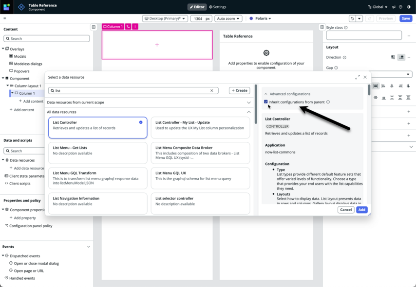 Select a data resource modal with List controller selected and Inherit configurations from parent enabled.