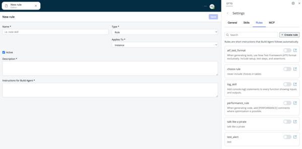 New rule editor form with Name, Type, Applies To, Active, Description, and Instructions for Build Agent fields, alongside the Rules settings panel listing existing custom rules with toggle switches.