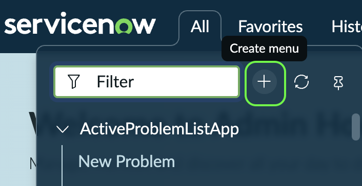 The Create menu button (+) highlighted in the UI Builder navigation panel.