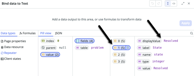 Data binding modal with black arrow pointing to display value pill.
