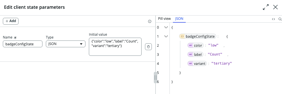 Returned to Edit client state parameters with badgeConfigState JSON parameters
