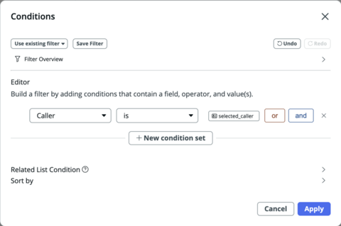 Conditions modal showing the condition, Caller is selected_caller.