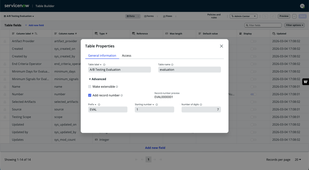 Column properties displayed