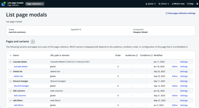 'List page modals' page collection with several variants displayed.