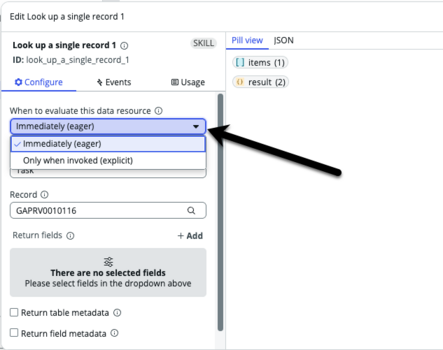 Arrow pointing to the When to evaluate this data resource drop down.