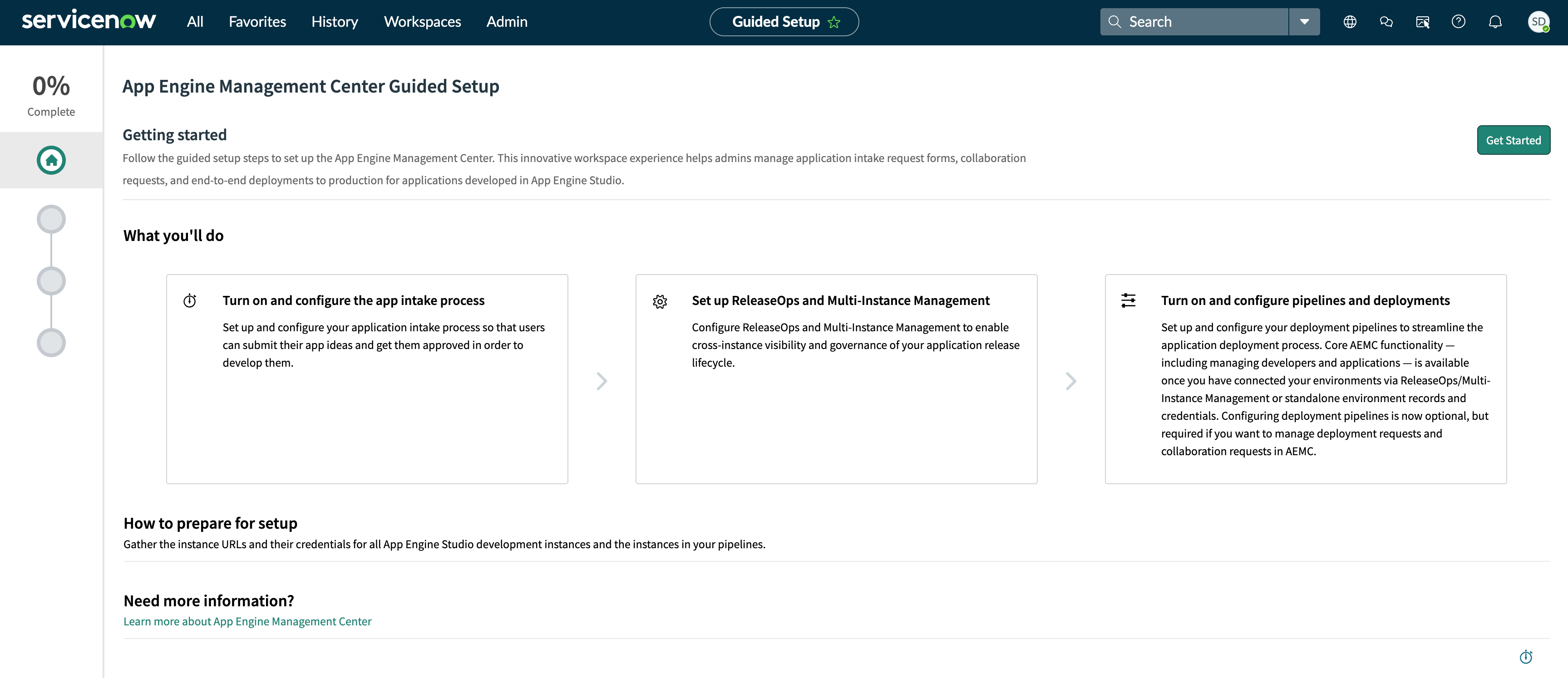 AEMC guided setup landing page, with cards for setting up Application Intake, ReleaseOps, and Pipelines and Deployments