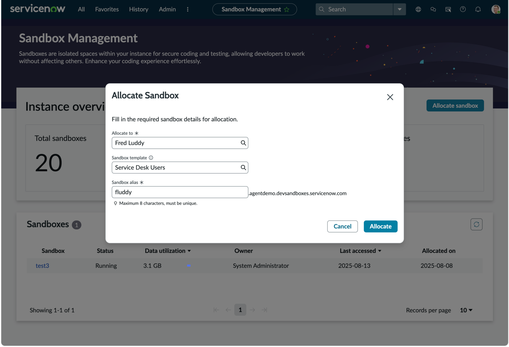 Fill in the Allocate Sandbox form