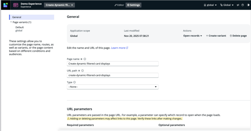 Page settings screen with page parameters help text highlighted.