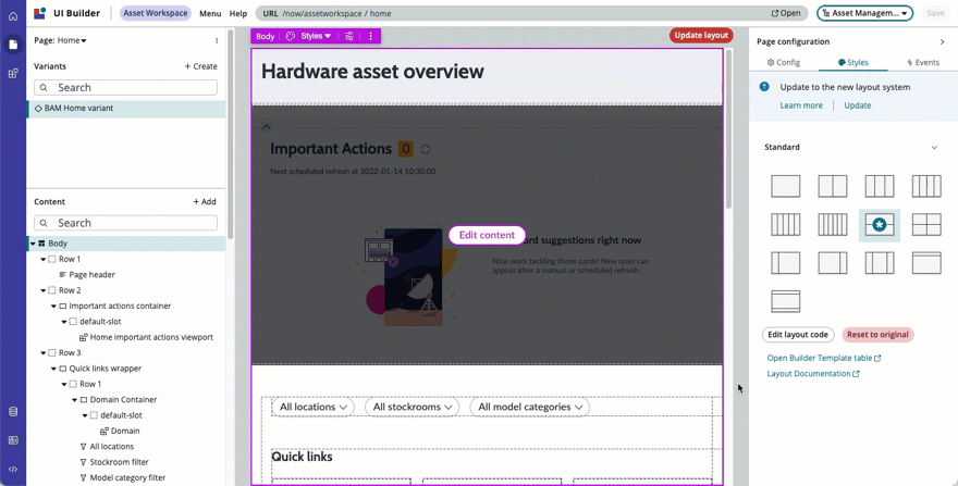 UI Builder updating a page layout to the new layout system.