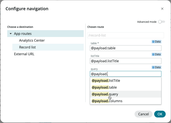 Configuring the navigation for a link to the destination event handler.