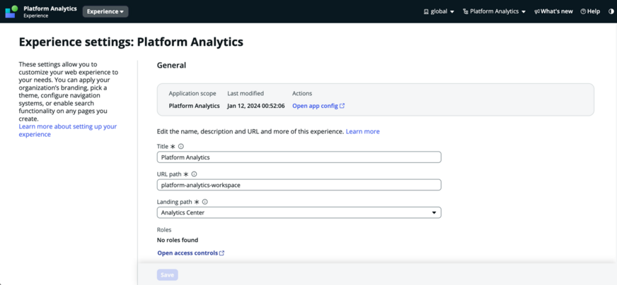 UI Builder experience general settings with fields for the title, URL path, and landing path.