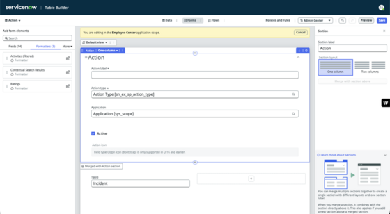 UI showing the Edit Form button to open Form Builder within the UI Builder application. Callouts indicate the Table and View values that must be set.