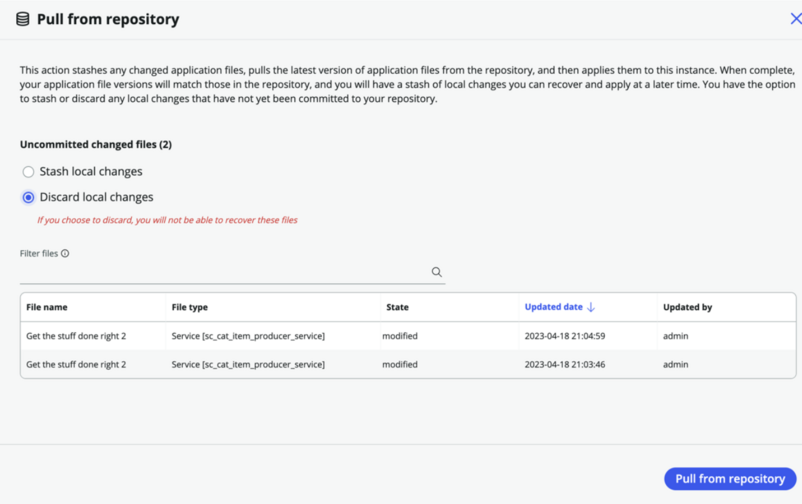 Before you pull from the repository, select whether you want to stash or discard local changes.