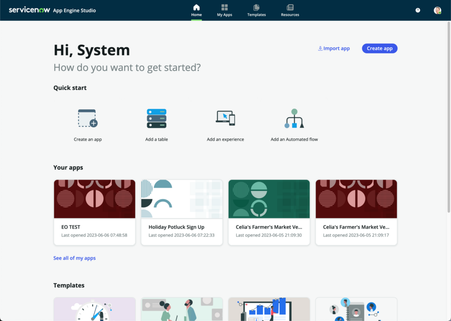 AES home page with sections for your apps, templates, and resources.