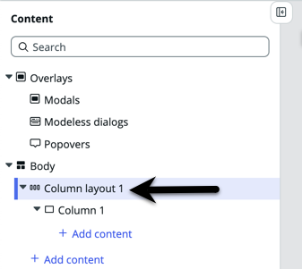 Arrow pointing to column layout 1 in the content tree.