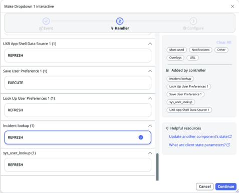 Events modal with the Incident lookup - REFRESH handler selected.