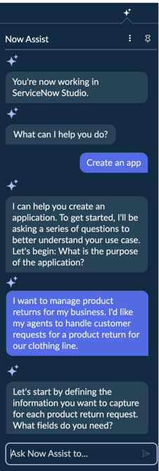 Initial stage in which Now Assist asks user for the purpose of the application.