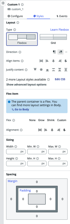Custom modal configure options tab.