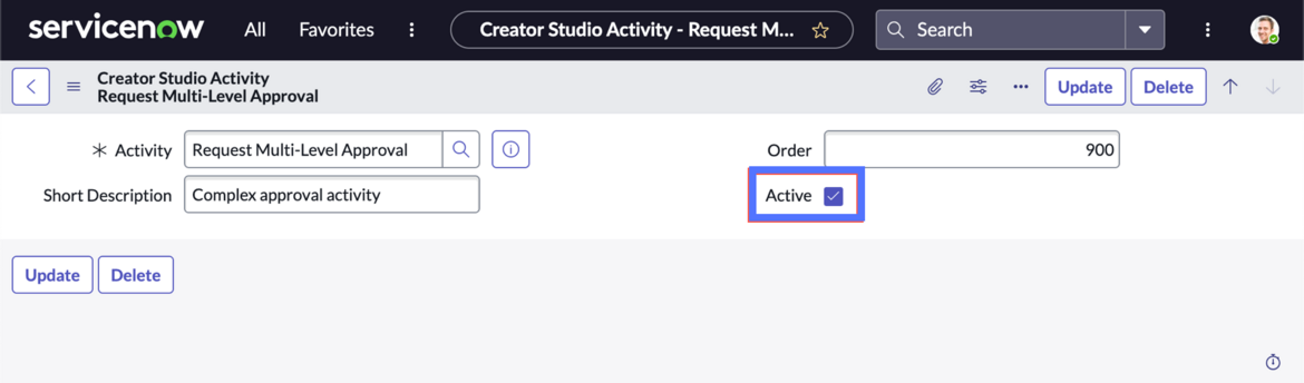 Creator Studio Activity form with the Active check box selected