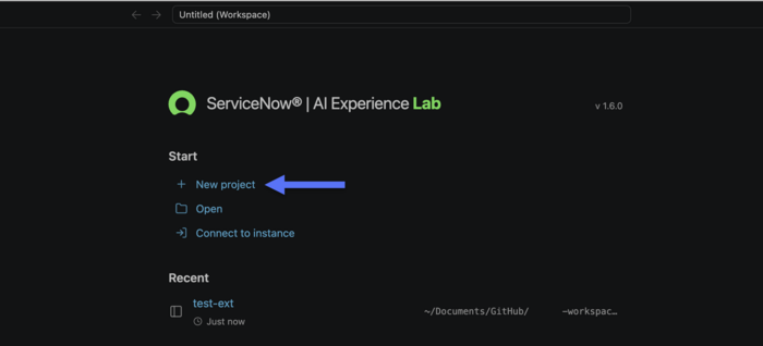Select + New project to create an experience in ServiceNow® AI Experience Lab for VS Code.