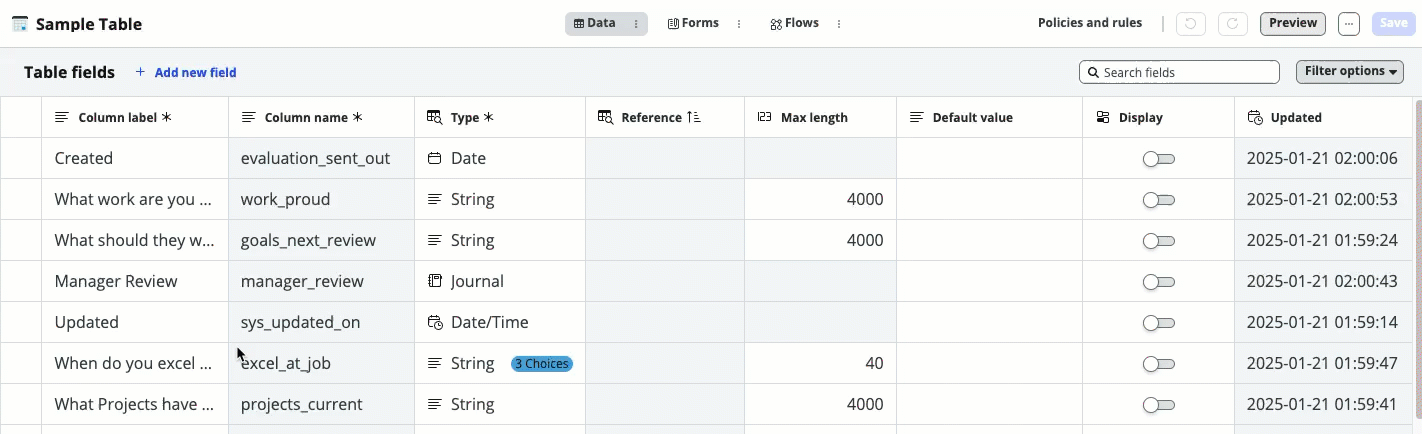 User interface for Table Builder.