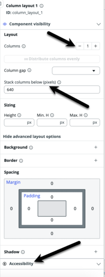 Column layout properties pane with black arrows pointing to the options that cannot be set by form factor.