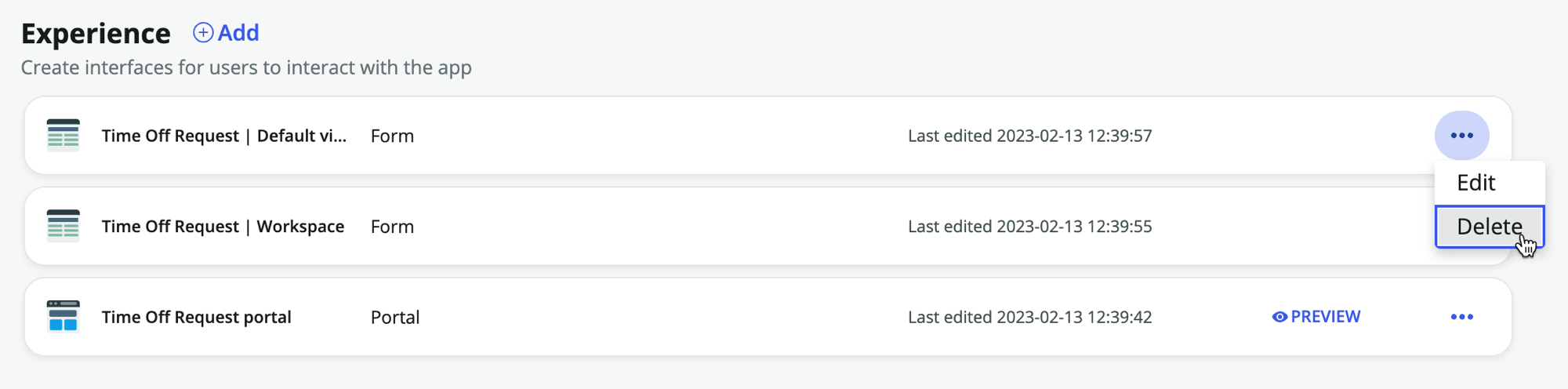Select Delete to remove an experience from your app