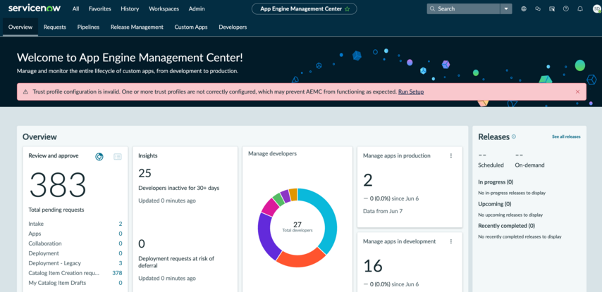 App Engine Management Center (AEMC) overview page displaying a warning banner that trust profile configuration is invalid and a link to Run Setup.