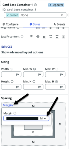 Styles panel for card base container component with black arrow pointing to margin option and the medium margin setting.