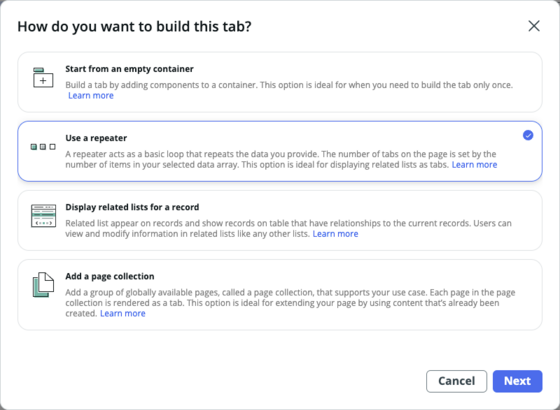 Use a repeater selected in the tab selection modal.