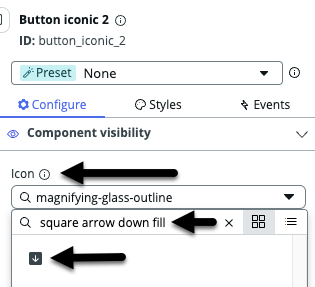 Configure panel with black arrows pointing to icon field, search bar, and square arrow down fill icon.