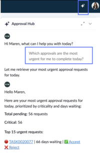 Virtual agent chat conversation about obtaining a list of the most urgent requests.