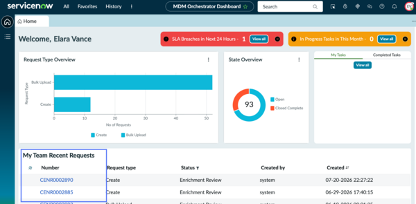 MDM Orchestrator dashboard with my team recent requests list highlighted.