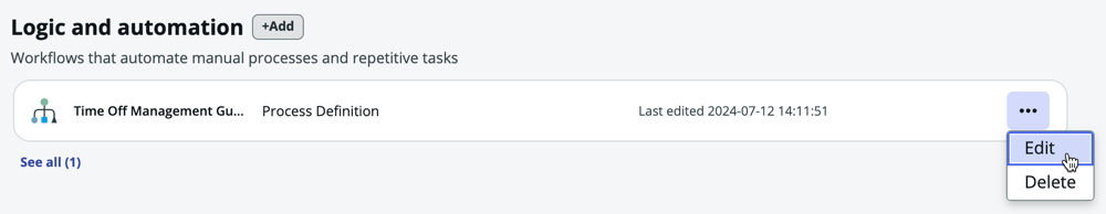 Process Definition with menu actions 'Edit' and 'Delete' displayed.