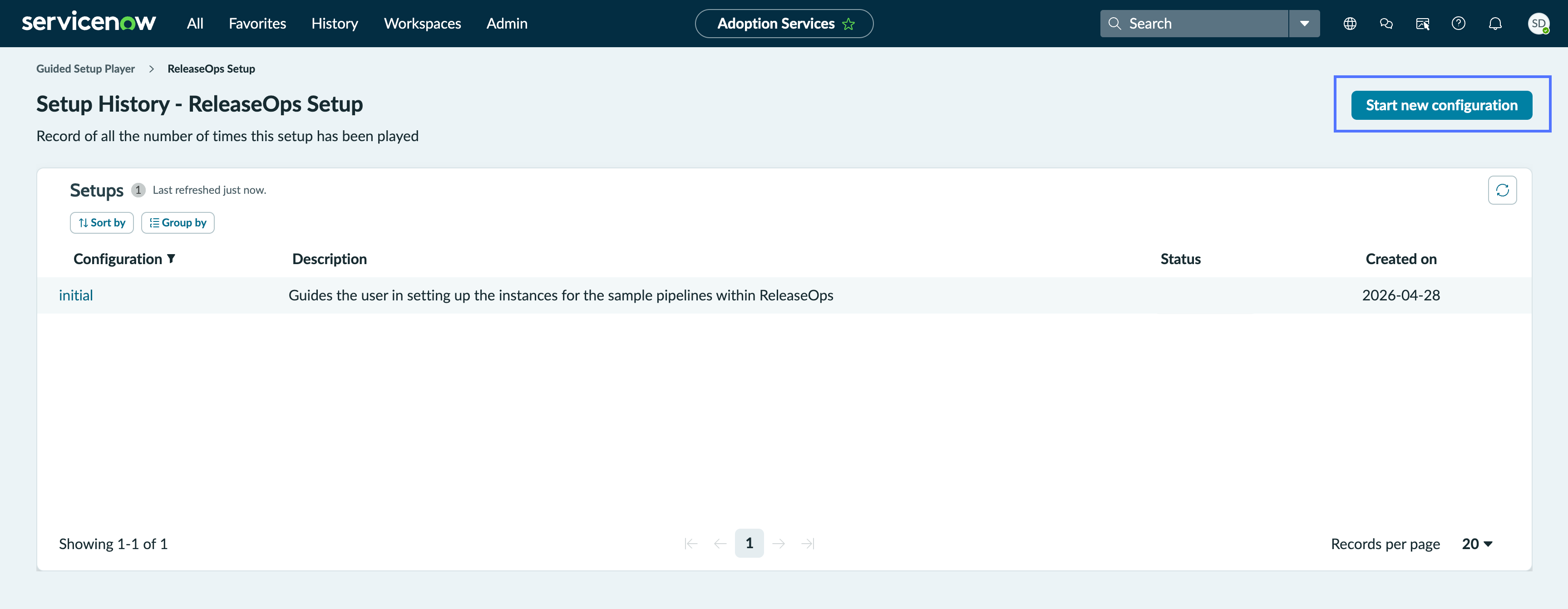 Select Start a new configuration to begin setting up ReleaseOps.