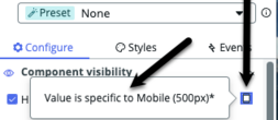Configuration panel with configure tab displayed and black arrow pointing to message.