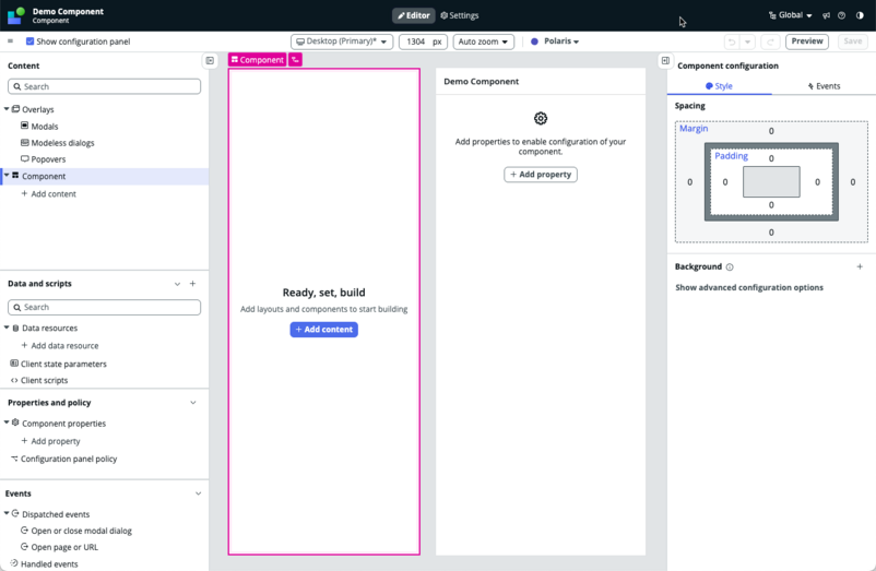 Custom component building UI showing the content and configuration side bars.