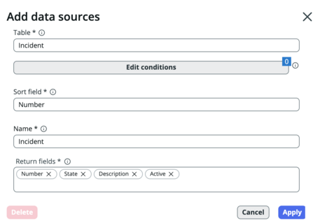 Add data sources pop-up with all fields completed.