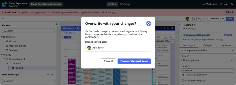 Modal that asks if you want to overwrite and save the changes you made in UI Builder.
