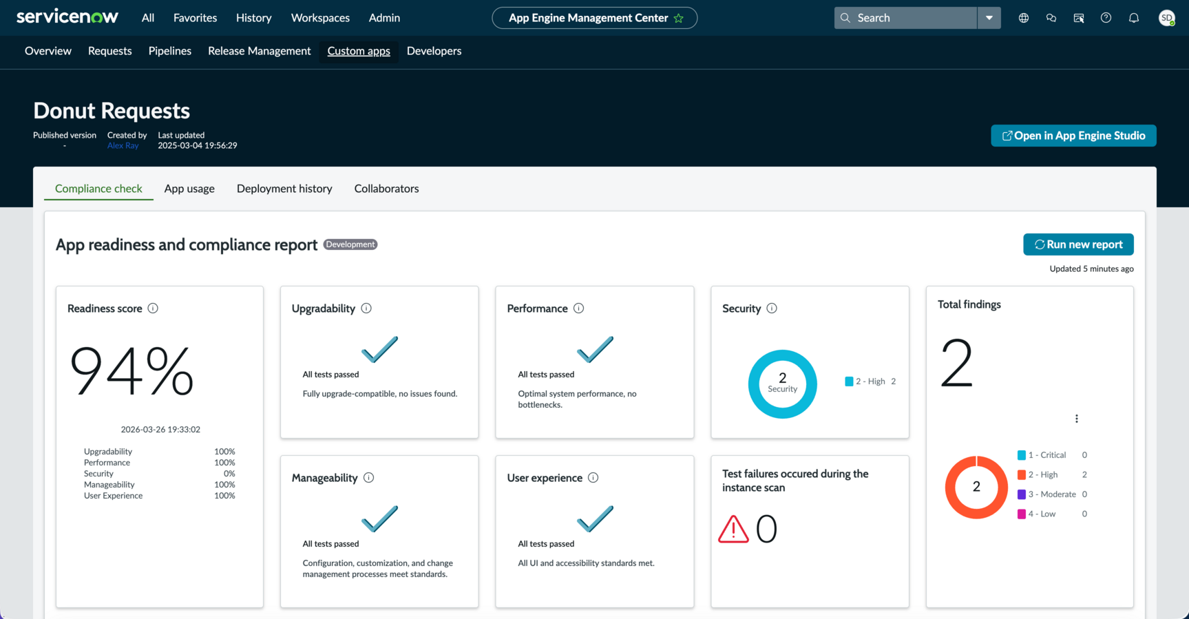 You can use the app readiness and compliance report to view detailed information about an app's readiness for deployment, such as performance, security, and more.