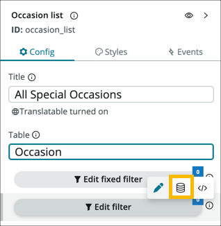Bind data icon highlighted in the configuration panel.