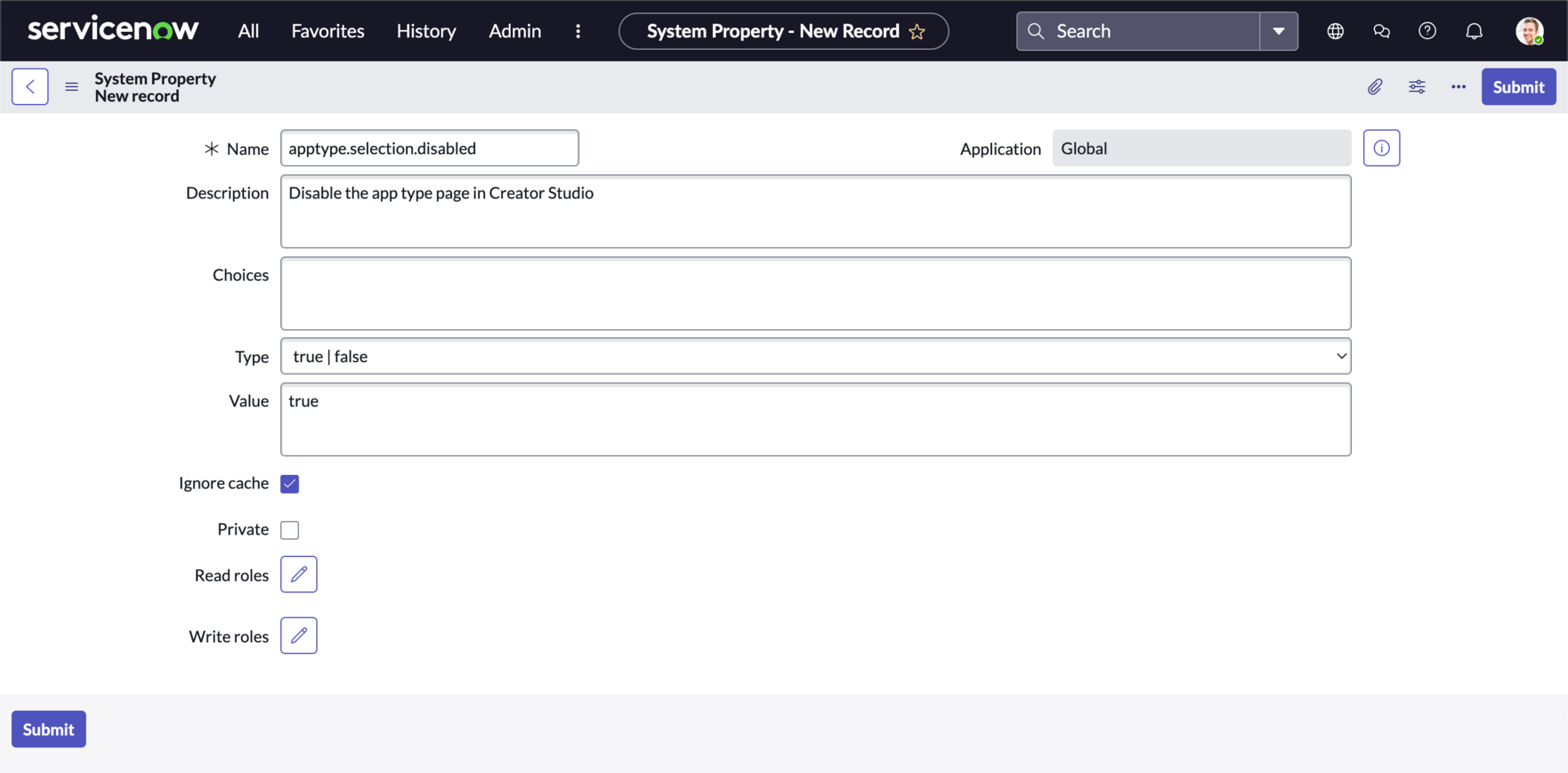 System Property form showing configuration fields for an example property