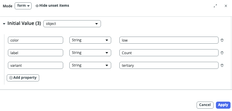 Initial Value pop up with 3 properties added, color, label, and variant