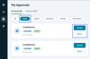 Tiles filtered to show only MDM create requests and accept/reject buttons highlighted.