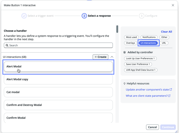 Add handler modal with UI interaction selected.